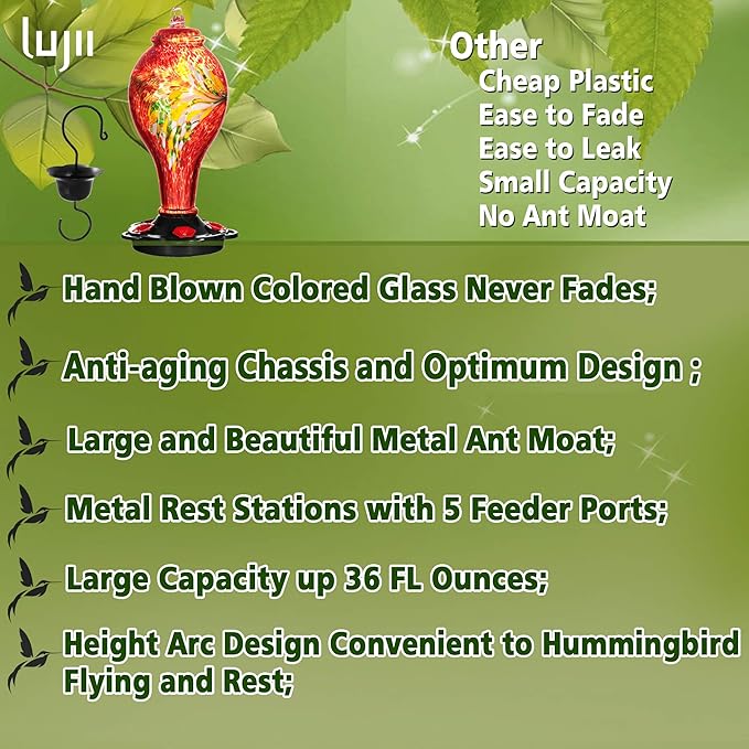LUJII Hummingbird Feeders for Outdoors, Hand Blown Glass, Never Fade, 36 Fluid Ounces, 5 Feeding Stations, Much Bigger, Garden Backyard Decorative, Containing Ant Moat (Red)-VerdiqueGarden