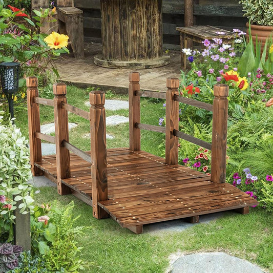 Giantex 5 ft Garden Bridge - Stained Wood Arc Footbridge Walkway with Side Railings, Decorative Wooden Bridge Landscaping for Backyard Farm Garden Creek Pond Decor, Easy to Assemble (Stained Brown)-VerdiqueGarden