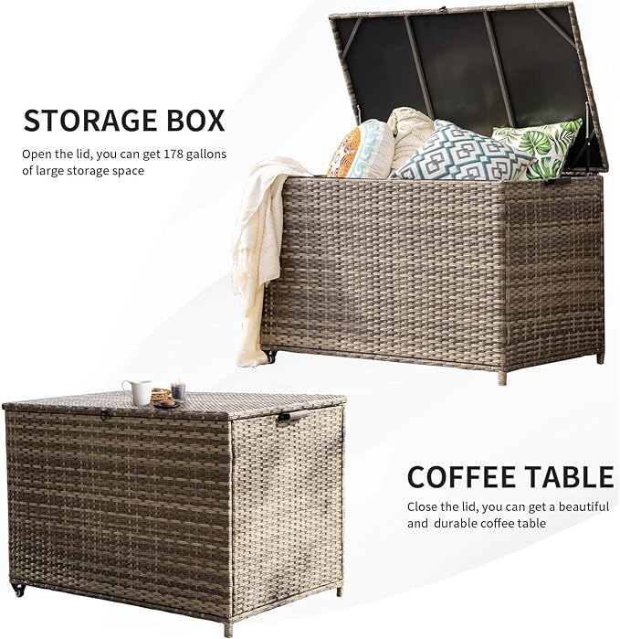 178 Gallon Outdoor Storage Box, Patio Deck Box with 2 Wheels, Handle Large Portable Wicker Rattan Deck Box for Patio Furniture Cushions, Throw Pillows, Garden Tools and Pool Floats (Gray)-VerdiqueGarden