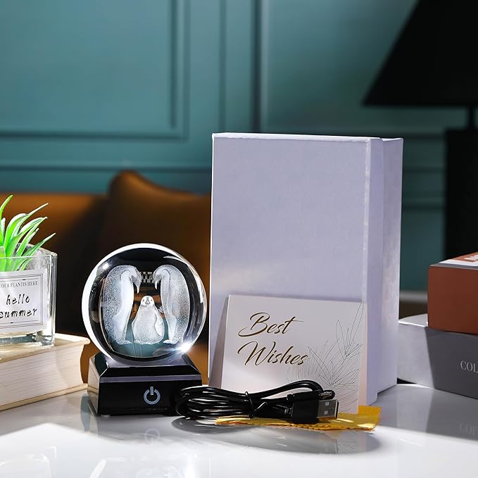 Penguin Gifts for Women 3D Crystal Ball 3.14'' - Laser Penguin Decor Glass Animals Penguin Gifts Figurines Statue Stuff for Room Decorations Penguin Night Light-VerdiqueGarden