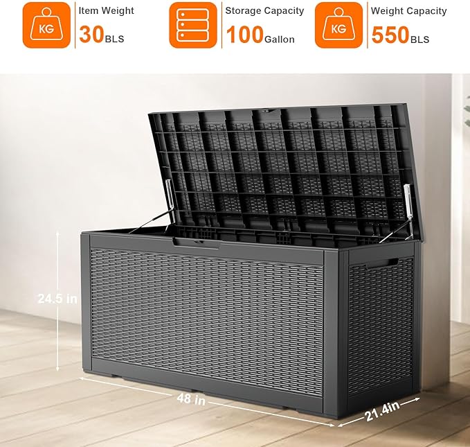 100 Gallon Resin Deck Box, Lockable Patio Outdoor Storage Box for Furniture, Garden Tools and Tools Storage, Waterproof Outside Storage Boxes - Black-VerdiqueGarden