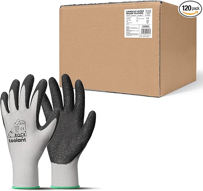 toolant Crinkle Latex Work Gloves Bulk, Rubber Coated Safety Work Gloves for Men and Women, 120 Pairs for Construction, Gardening, Warehouse (Gray, Medium)-VerdiqueGarden