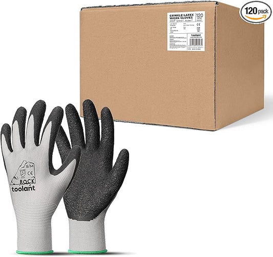toolant Crinkle Latex Work Gloves Bulk, Rubber Coated Safety Work Gloves for Men and Women, 120 Pairs for Construction, Gardening, Warehouse (Gray, Medium)-VerdiqueGarden