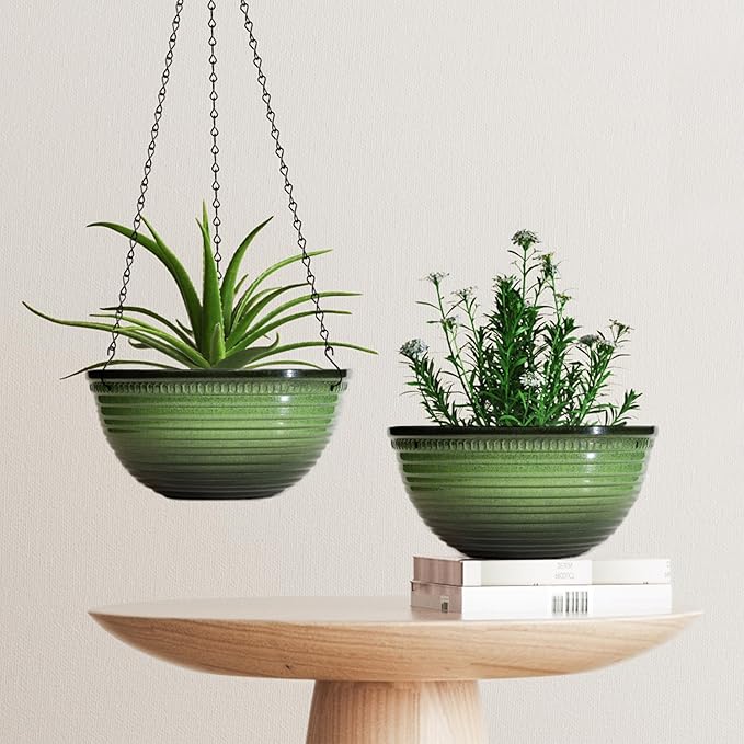 12 inch Hanging Planters for Indoor Outdoor Plants, 2 Pack Large Hanging Flower Pots with Drainage Holes and Chain, Glazed Hanging Baskets for Home Garden Decoration, Green-VerdiqueGarden
