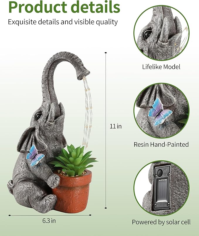 iStatue Solar Elephant Figurine with Succulent Plant Pot - 11'' Hand-Painted Lifelike Resin Lawn Ornaments Statue for Yard Art Garden Decor Gifts (Elephant)-VerdiqueGarden