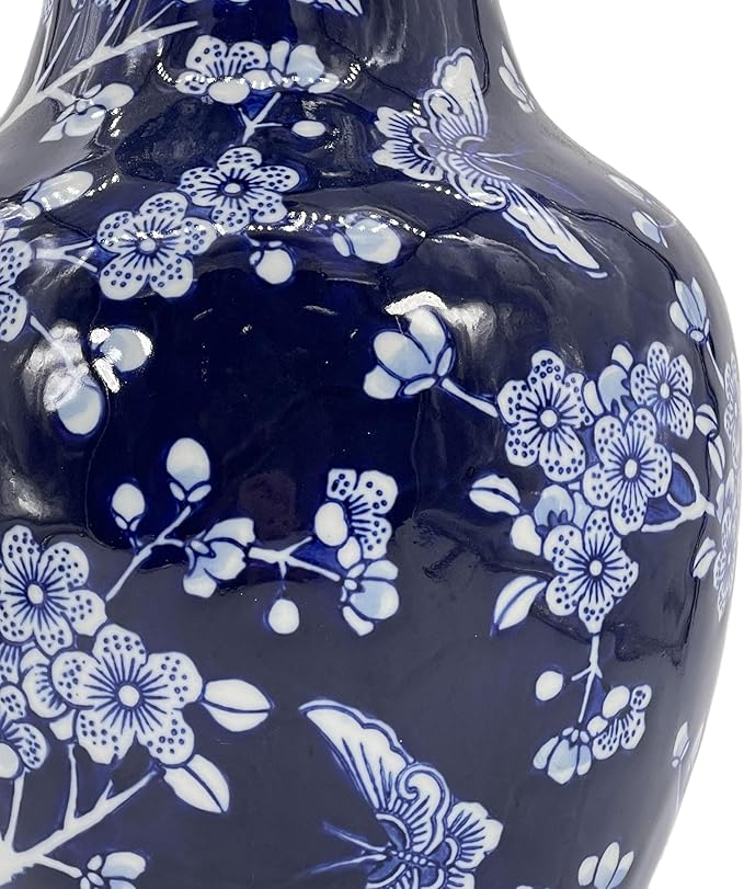 Galt International Dark Blue Floral Chinoiserie Ceramic Vase 14"- Hand Painted Antique Style Porcelain Butterfly & Flower Bottle Fishtail Porcelain Chinese Vase for Home Decor Centerpiece-VerdiqueGarden
