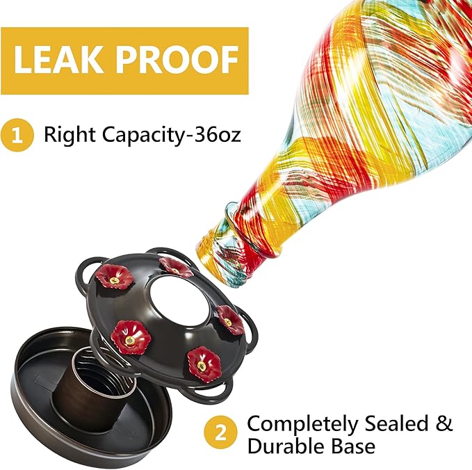 LUJII Hand Blown Glass Hummingbird Feeder for Outdoors Hanging with Ant Moat, 36 fl.oz, Leak Proof & Rustproof, Metal Base with 5 Feeding Ports & 5 Perches, Unique Garden & Backyard Decor (Ribbon)-VerdiqueGarden