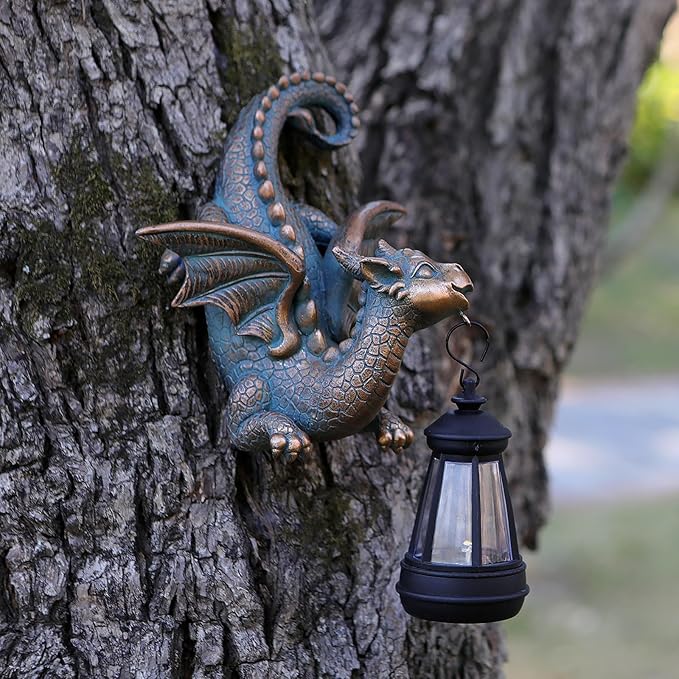 Dragon Solar Garden Statue - Gothic Outdoor Wall Hanging Decor with Solar Light, Fantasy Dragon Figurine for Patio, Yard, or Tree - Unique Whimsical Gift for Adults, Men & Women-VerdiqueGarden