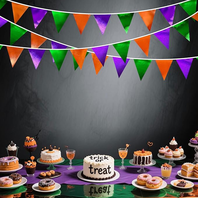 Halloween Party Decorations Metallic Fabric Green Orange Purple Triangle Pennant Banner Flag Bunting for Trick or Treat Spooky Hey Boo Happy Halloween Holiday Birthday Baby Shower Party Supplies-VerdiqueGarden