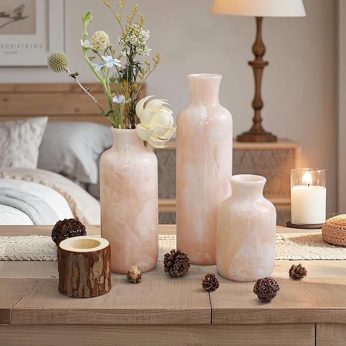 Resin 3 Piece Vase Set, Farmhouse Decor, Home Decorative Vase, Vases for Your Kitchen, Bedroom, Office, Living Room, Bathroom, & Shelf Centerpiece Table Decorations, Pink-VerdiqueGarden