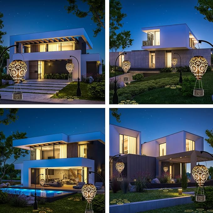 Hot Air Balloon Solar Lantern,Hanging Lantern Outdoor Waterproof Decorative Metal LED Solar Lights for Trees Patio Garden Yard Porch Decor, Gold-VerdiqueGarden