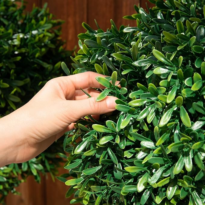 Premium 16" Diameter Artificial Japanese Boxwood Topiary – Set of 2 Faux Plants with Ground Spikes – UV-Resistant, Realistic Outdoor & Indoor Garden Décor – Weatherproof and Durable-VerdiqueGarden