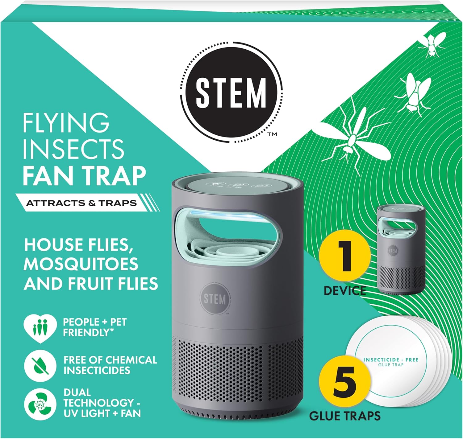 STEM Flying Insect Fan Trap for Indoor Bug Control, Attracts Mosquitoes, Fruit Flies, and House Flies, Plug-in Fan with UV Light, Starter Kit Includes 1 Device and 5 Glue Traps-VerdiqueGarden