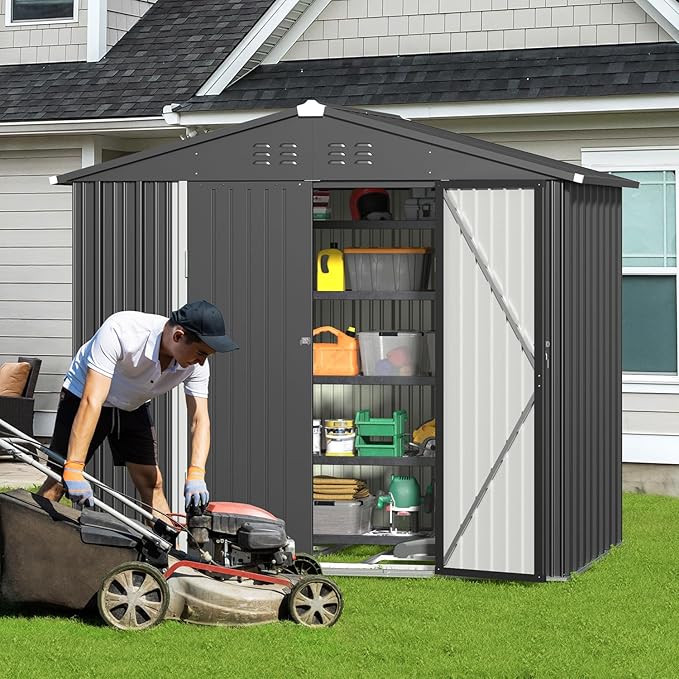 Gizoon Outdoor Storage Shed 8 x 6 FT, Galvanized Metal Garden Shed with Double Lockable Doors, Outdoor Storage Clearance for Backyard Patio Lawn-Dark Grey-VerdiqueGarden