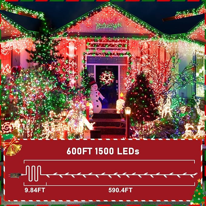 KNONEW 600ft 1500 LED String Lights Outdoor Christmas Lights 8 Modes & Timer Fairy Light Plug in Waterproof LED String Lights for Xmas Yard Tree Wedding Party Holiday Decorations (Red and Green)-VerdiqueGarden