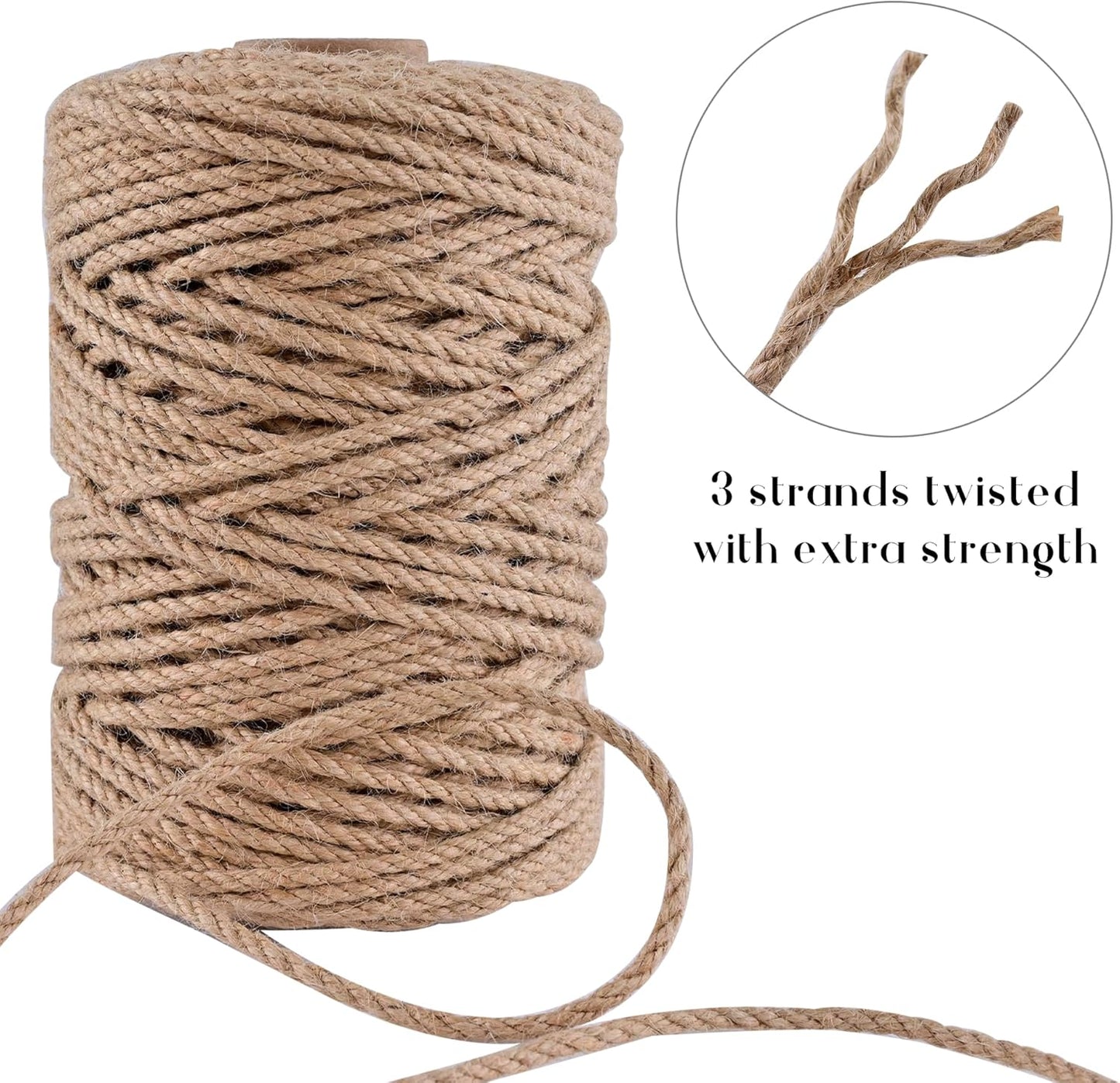 Natural Jute Twine 656ft 4mm,3Ply Twisted Thick Twine Rope Strong Jute String Roll for Crafts Gift Wrapping Gardening Home Decor Bundling Cat Scratching Post-VerdiqueGarden