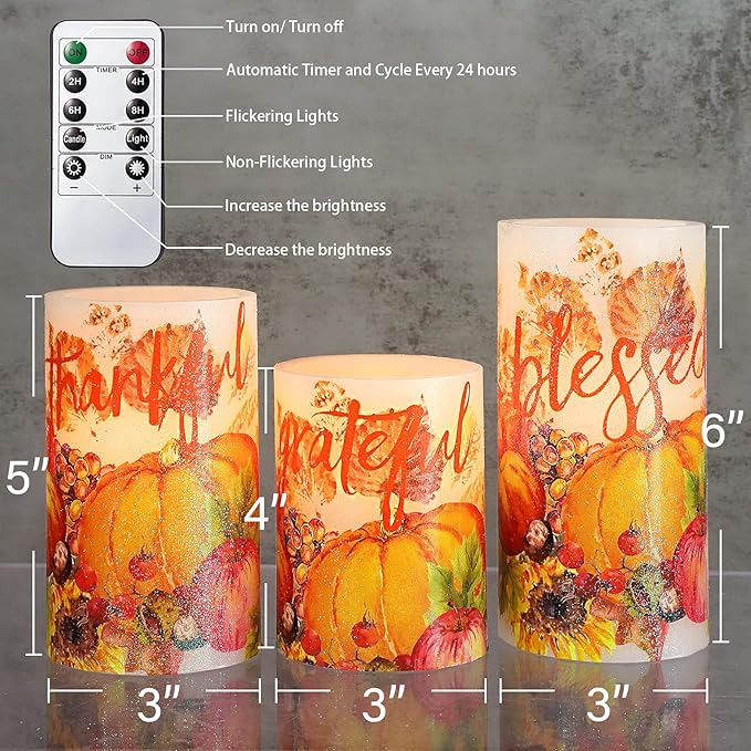 Thanksgiving Blessings LED Candles Pumpkin Glitter Desgin Real Wax Flickering Flameless Fall Harvest Battery Operated with Remote Timer 6H for House Warming Gifts New Home Table Tary Decor-VerdiqueGarden