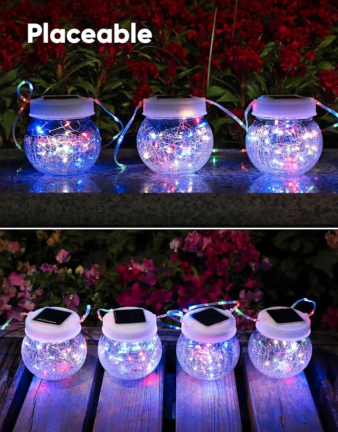 Solar Lantern Solar Lights Outdoor Waterproof 2-Pack, Solar Powered Hanging Lights Cracked Glass Hanging Globes for Christmas Decoration, Shepherd Hook, Garden Tree Ornaments,White Cap, Multi-Color-VerdiqueGarden