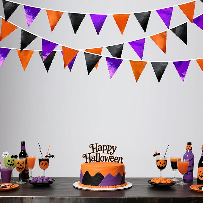 Black Orange Purple Halloween Party Decorations Metallic Fabric Triangle Pennant Banner Flag Bunting Garland for Birthday Baby Shower Bachelorette Trick or Treat Halloween Holiday Party Supplies-VerdiqueGarden