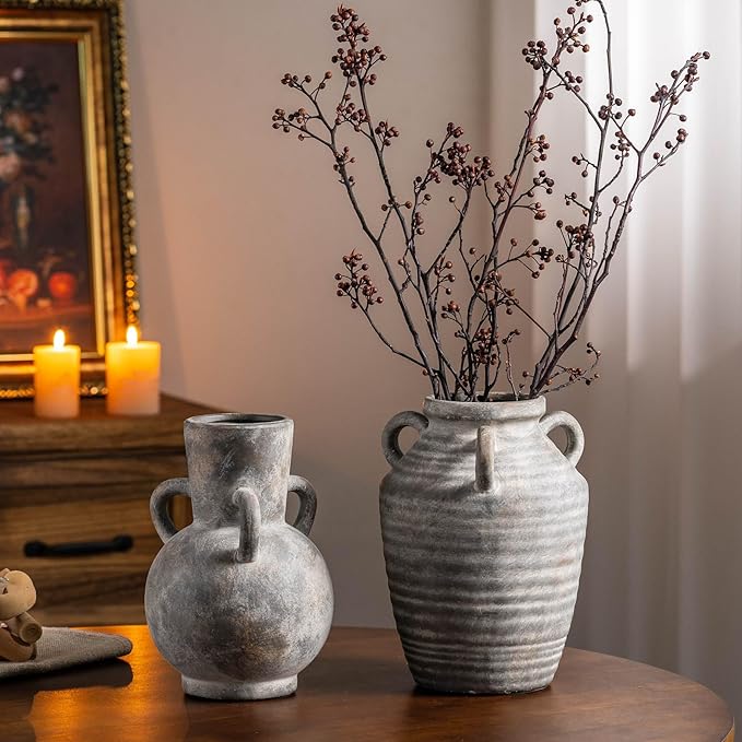 Rustic Grey Terracotta Ceramic Vase with Handles, Vintage Pottery Floral Vases, Cottage Core for Home Decor Table Centerpiece, Large Flower Vase for Bouquets Table Mantel Bedroon Bathroom 8.5 Inch-VerdiqueGarden