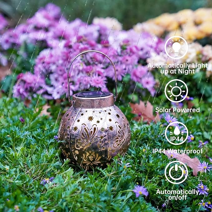 2 Pack Outdoor Solar Hanging Lantern Lights Metal LED Decorative Lamp for Garden Patio Porch Lawn and Table.Unique Gifts for Women Gardening. (Bronze Butterfly)-VerdiqueGarden