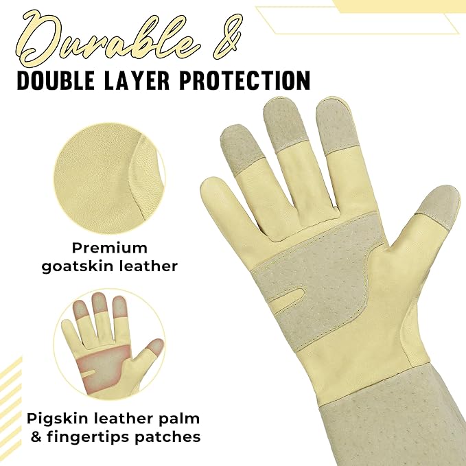 HANDLANDY Rose Pruning Gardening Gloves for Men Women, Thorn Proof Forearm Protection Leather Garden Gloves, Gardening Gifts for Gardeners (Beige- goatskin, Medium (Pack of 1))-VerdiqueGarden