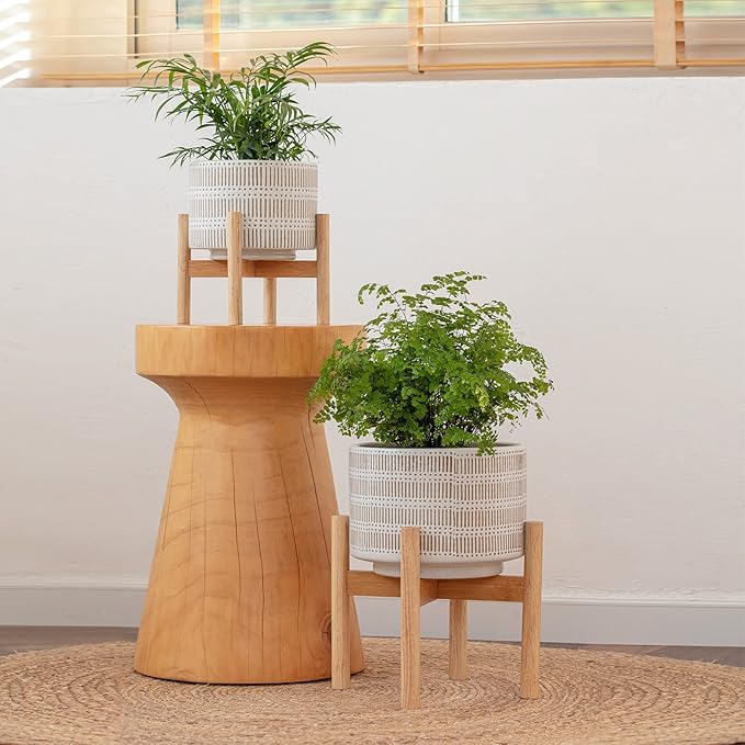 LA JOLIE MUSE Ceramic Plant Pot with Wood Stand - 9.4 Inch Modern Round Decorative Flower Pot Indoor with Wood Planter Holder, Beige & White-VerdiqueGarden