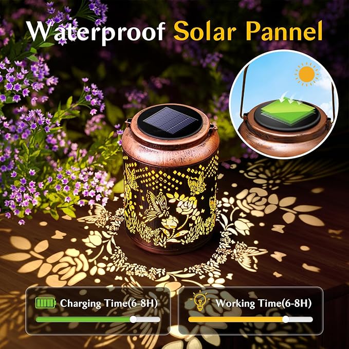 Hyriony Butterfly Solar Lanterns Outdoor Waterproof Metal Hanging Lights, Garden Decor Gifts for Women, Mom, Grandma Solar Decorations for Yard, Patio, Backyard, Porch, Lawn, Walkway, Tabletop-VerdiqueGarden