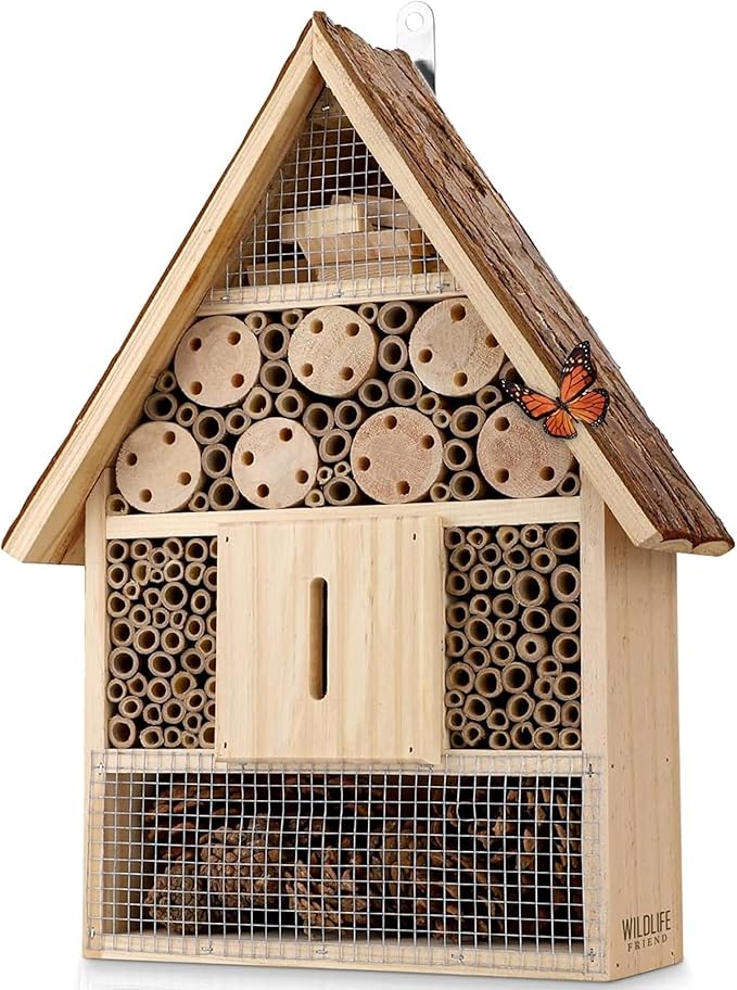 I Large Insect Hotel with bark roof Natural, Weatherproof, Insect House Made of Natural Wood for Bees, Ladybugs, lacewings, Butterflies, bee Hotel, Nesting aid for Hanging-VerdiqueGarden