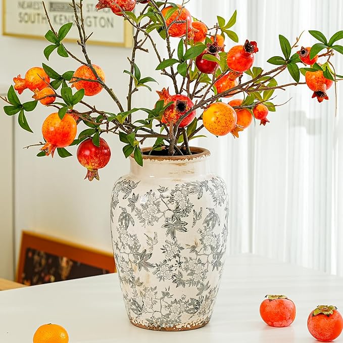 Sungmor Ceramic Flower Vase, Vintage Ice Cracked Glaze Porcelain Vase, Pretty Home Decor Vase for Flower Arrangement, Fresh Flowers, 10.2 Inch Tall Chinoiserie Pottery Vase, Gray Floral Pattern-VerdiqueGarden