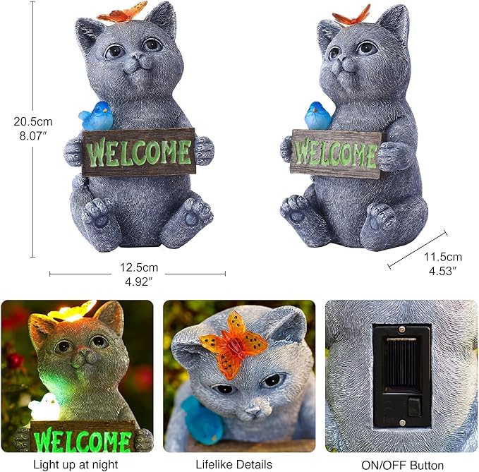 Goodeco Solar Cat with Welcome Sign - Outdoor Cat Statue with Solar Butterfly & Bird Lights - Perfect Cat Decor for Cat Lovers, Ideal Housewarming Gifts for Women & Moms (Gray)-VerdiqueGarden