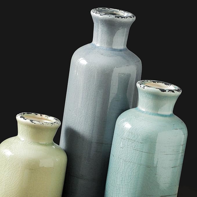 Flower Vase Set of 3, Ceramic Neutral Vases Home Decor, Pottery Rustic Farmhouse Decorative Vases Modern Decor for Table Mantel Entryway Bookshelf Living Room Kitchen Bedroom - Multicolor-VerdiqueGarden