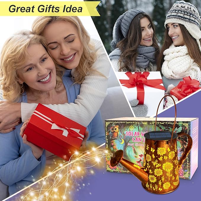 VOOKRY Solar Lights Outdoor Decoration, Large Hanging Metal Solar Watering Can Lights Waterproof Sunflower Garden Decor Yard Lights Outside for Porch Lawn Patio, Birthday Gifts for Women Mom Grandma-VerdiqueGarden