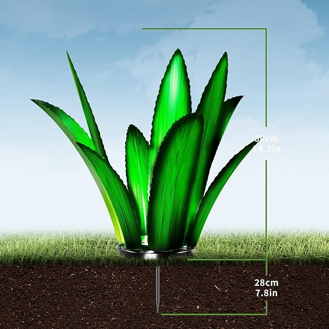 Upgraded Large Metal Yard Art, Metal Agave Plant Yard Decorations Outdoor Sculpture, Metal Flowers for Outside, Waterproof Outdoor Garden Decor (Green (W/Solar Light))-VerdiqueGarden