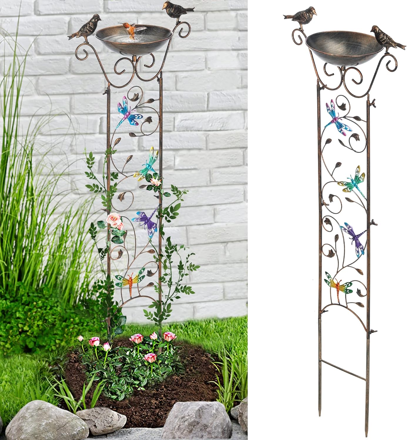 LEWIS&WAYNE Garden Trellis Bird Bath Outdoor, 40 Inch Antique Iron Garden Plant Trellis Decorative with Dragonfly and Detachable Drinking Basin Bowl, Free Standing BirdBath Birdfeeder Station-VerdiqueGarden
