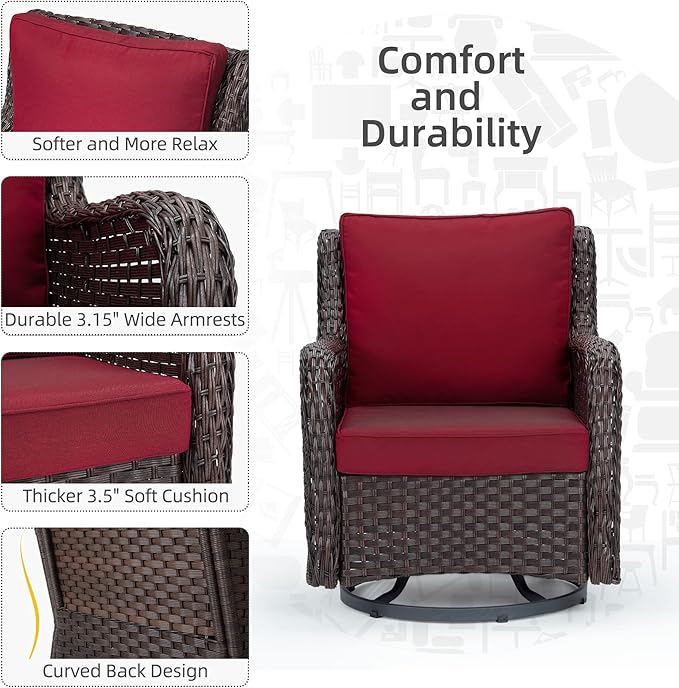 Towallmark Outdoor Swivel Wicker Glider Patio Chairs with Table Set, 3 Pieces Outdoor Bistro Set with 4”Thick Cushions and Coffee Table for Porch, Balcony, Deck (Red)-VerdiqueGarden