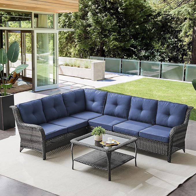 Outdoor Furniture Sectional Sofa L Shaped Couch - Patio Wicker Furniture Set with Coffee Table, 3 Piece Rattan Patio Conversation Sets with Blue Cushion for Deck Backyard Sunroom-VerdiqueGarden