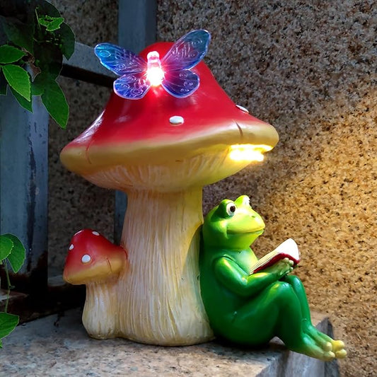 Solar Frog Mushroom Garden Statues,Resin Frog Mushroom Reading a Book Figurine with LED Solar Lights, Lawn Decor Outdoor Statue for Patio,Balcony,Yard,Lawn Ornament-VerdiqueGarden