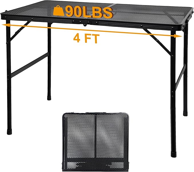 Camping Table with Mesh Desktop, Lightweight & Portable Folding Grill Table, Height Adjustable Metal Outdoor Table for Camp, Cooking, BBQ, RV, Picnic-4 FT Black-VerdiqueGarden