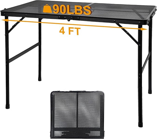 Camping Table with Mesh Desktop, Lightweight & Portable Folding Grill Table, Height Adjustable Metal Outdoor Table for Camp, Cooking, BBQ, RV, Picnic-4 FT Black-VerdiqueGarden