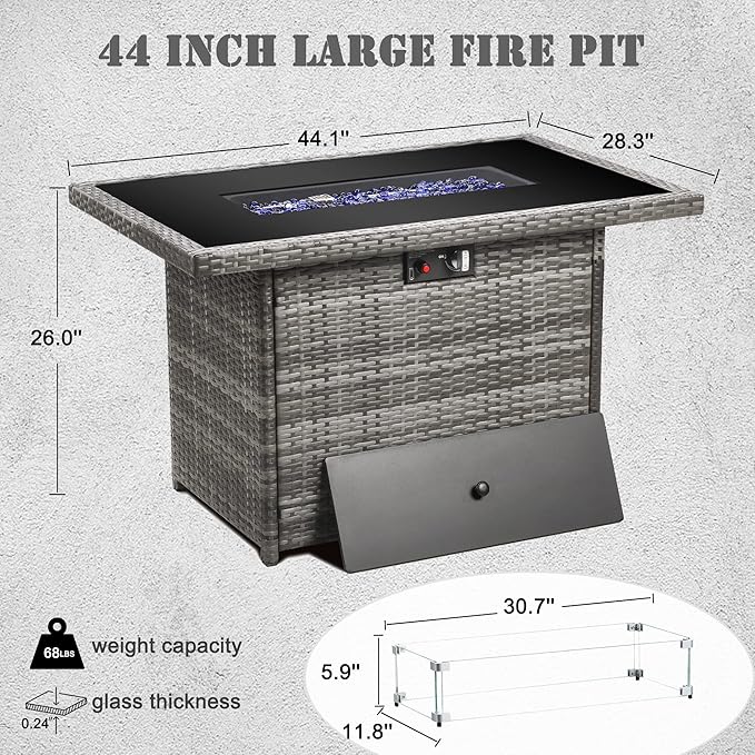 Propane Fire Pit Table,44 Inch 55000 BTU Outdoor Gas Fire Pit Rectangular with Glass Wind Guard for Outside Patio Deck (Gray-Glass Top)-VerdiqueGarden