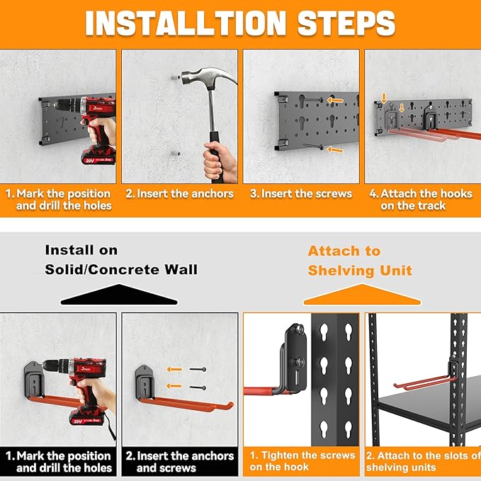 TORACK Garden Tool Organizer Wall Mount, Garage Folding Chair Storage Rack, Tools Rack for Shovels, Rakes, Broom, Ladders, Hooks for Keyhole Style Shelving Unit-VerdiqueGarden