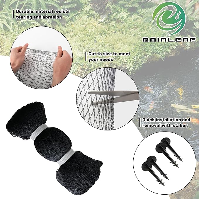 Rainleaf Pond Netting, 14' x 20' Pond Net Cover, Koi Pond Netting for Leaves, Heavy Duty Koi Pond Net Protecting Koi Fish from Herons, Stakes Included, Snare Nets-VerdiqueGarden