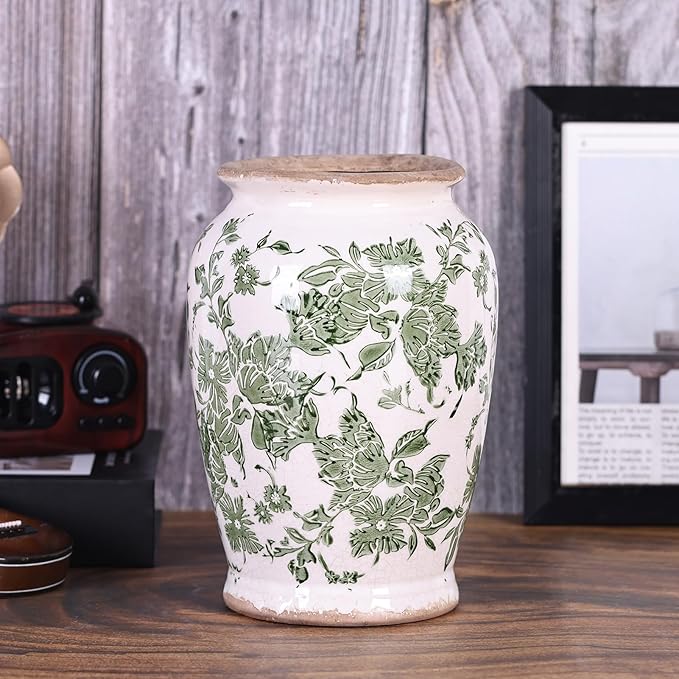 Vintage Vase for Flowers,Green Chinoiserie Ceramic Vase,Rustic Farmhouse Cracked Vases,for Flower Arrangement,Living Room, Office, Shelf, Fireplace Tables,Centerpieces,Chinoiserie Pottery Decor(B)-VerdiqueGarden