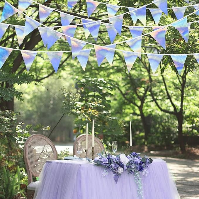 33Ft Iridescent Party Decoration Holographic Fabric Triangle Pennant Banner Flag Cotton Bunting Garland for Birthday Wedding Bridal Shower Bachelorette Engagement Disco Euphoria Galaxy Party Supplies-VerdiqueGarden