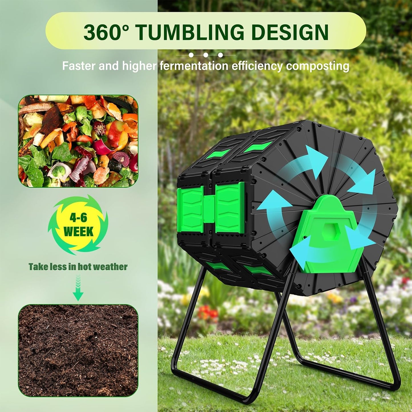 Compost Tumbler, 45 Gallon / 170L Dual Chamber Compost Bin Outdoor, 360° Rotating Composter Tumbler, BPA-Free Fast-Working All-Season Heavy-Duty Large Capacity Compost Bin Kitchen Garden Yard Waste-VerdiqueGarden