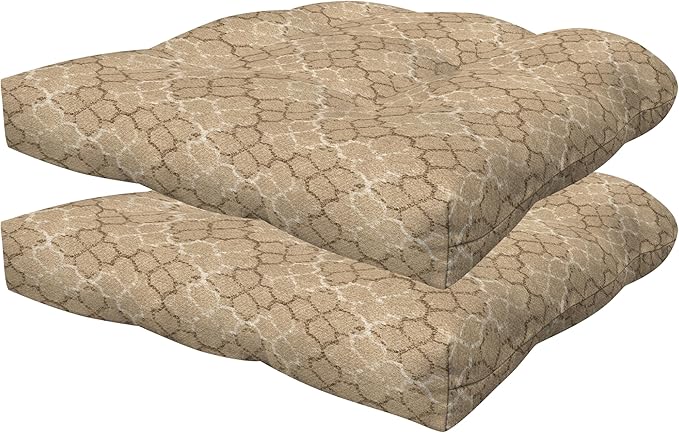 Honeycomb Outdoor Essentials Set of 2 Tufted Seat Pads, 19 x 18, Courtyard Geo Almond Dining Chair Cushions for Patio Furniture-VerdiqueGarden