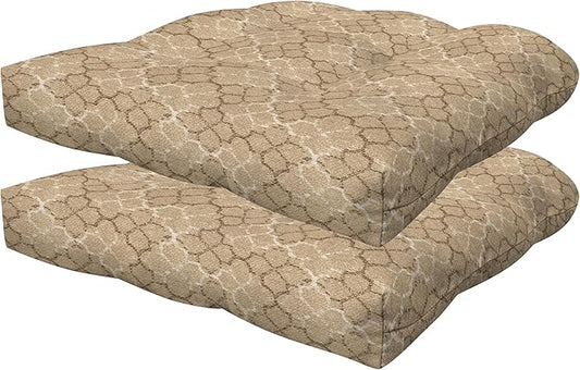 Honeycomb Outdoor Essentials Set of 2 Tufted Seat Pads, 19 x 18, Courtyard Geo Almond Dining Chair Cushions for Patio Furniture-VerdiqueGarden