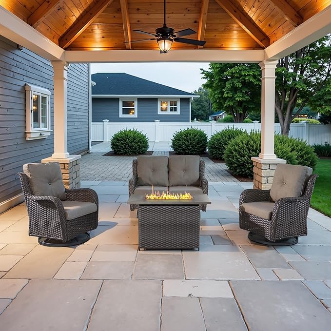 4 Piece Patio Furniture Set with Fire Pit Table - 41inch 50000 BTU Propane Fire Pit Table with High Back Loveseat Glider Chair and 2 Swivel Rocker Chair for Casual Gathering-VerdiqueGarden