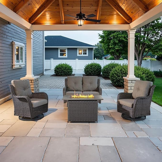 4 Piece Patio Furniture Set with Fire Pit Table - 41inch 50000 BTU Propane Fire Pit Table with High Back Loveseat Glider Chair and 2 Swivel Rocker Chair for Casual Gathering-VerdiqueGarden